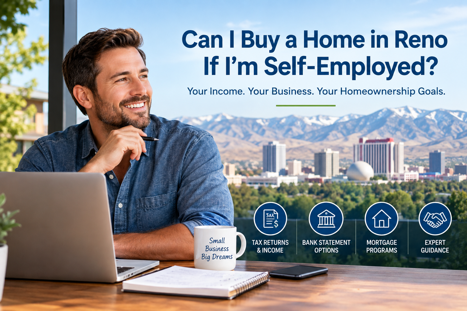 Self employed business owner at a laptop with the Reno skyline in the background